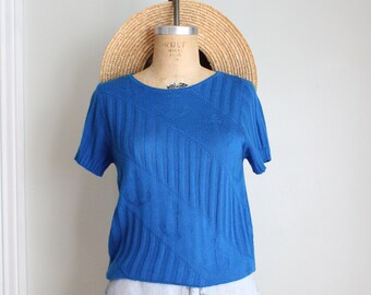 Vintage 1980's Rayon Knit Royal Blue Slouchy Anchor Top. Short Sleeved. Size Medium