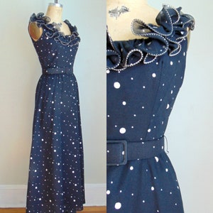 Vintage 1970's Polka Dot Gown / Squared Ruffle Neckline / Maxi Length / Size Extra Small / XS