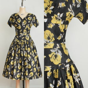 Vintage 1950's Yellow and Black Floral Print Dress. Fit n Flare. Bow Tie Back. Size Extra Small. XS image 1