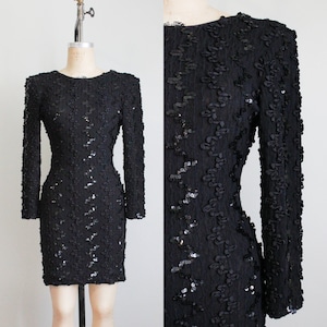 Retro 1990's Black Stretchy Sequin Body Con Cocktail Dress. Low Back. Size Small