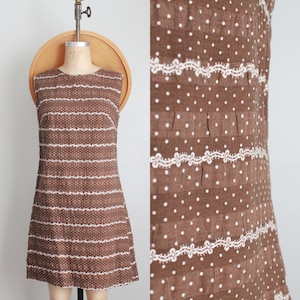 Vintage 1960&#39;s Brown Swiss Dot Shift Dress. Mod Sixties Mini Dress. Size Small