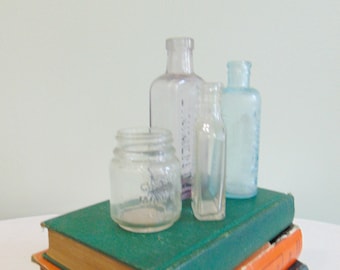 Vintage Set of 4 Glass Bottles / Mini Glass Bottles / Liniment / Anodyne /