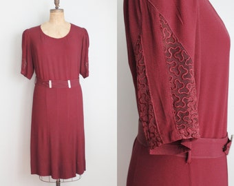 Vintage 1930's Rayon Crepe Cranberry Dress. Matching Belt. Lace Sleeves. Size Large. As Is