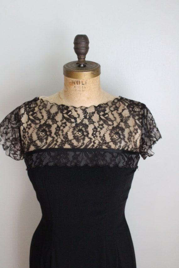 Vintage 1960's Black Crepe Lace Top Dress. Cockta… - image 7