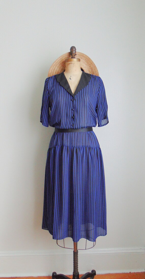 Vintage 1980's Blue Black Stripe Sheer Dress. Mij… - image 4
