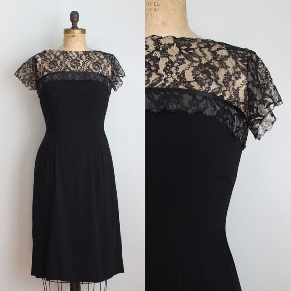 Vintage 1960's Black Crepe Lace Top Dress. Cockta… - image 1