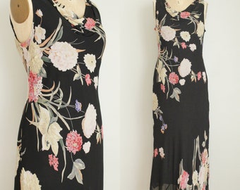 Retro Y2K does 1930's Bias Cut Gown. Floral Print Dress. Beaded Flowers. Size Large