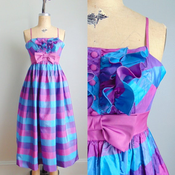 Vintage 1960's Blue Purple Plaid Party Dress. Tux… - image 1
