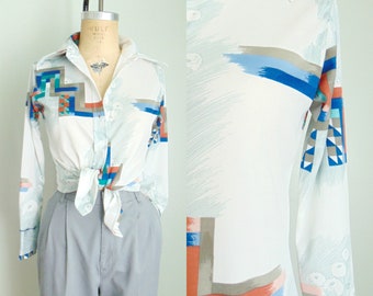 Vintage 70s Geometric Floral Blouse: Long Sleeve Poly Top, Size XS