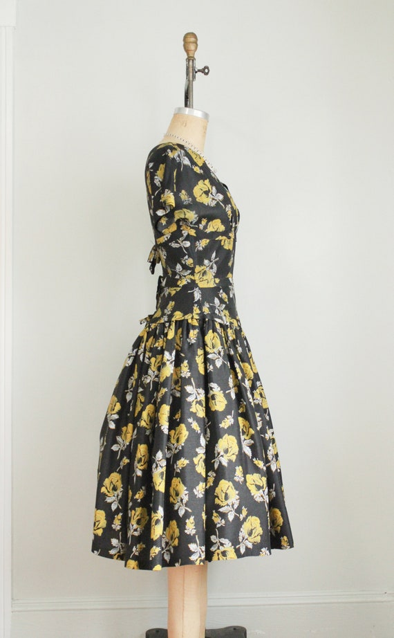 Vintage 1950's Yellow and Black Floral Print Dres… - image 2