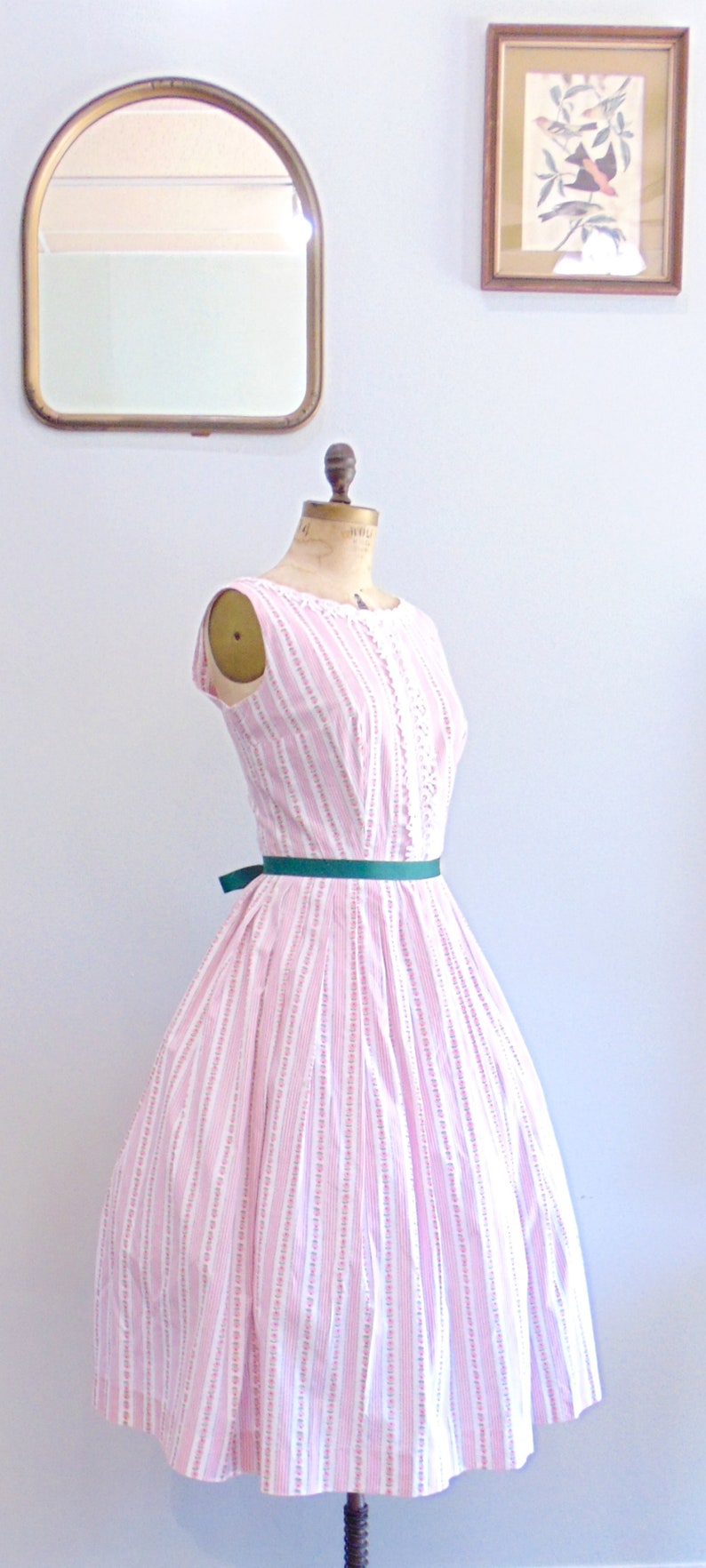 Vintage 1950/'s Floral Print Dress Rose Striped Print Fifties Full Skirt Size Medium