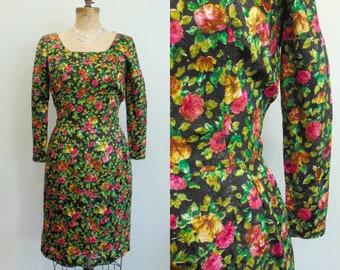 Vintage 1960's Metallic Floral Dress / Floral Cocktail Dress / Wiggle Style / Size Medium