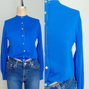 Vintage 1960&#39;s Bright Blue Orlon Cardigan / Blue Knit Sweater / Crew Neckline / Button Front / As Is / Size Small / Medium