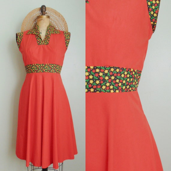 Vintage 1970's Red Cotton Day Dress. Black Floral… - image 1