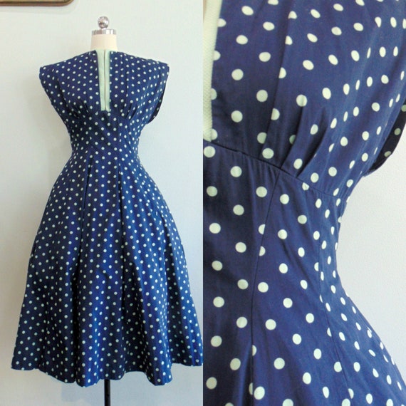 Vintage 1950's Polka Dot Dress / Full Skirt / Blue