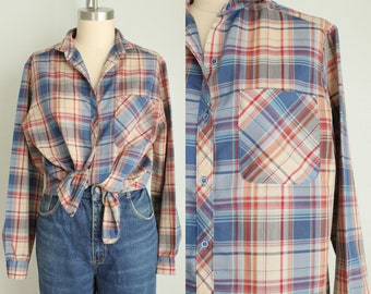 Vintage 1980's Blue Plaid Collared Button Front Shirt. Long Sleeved. Ship n Shore. Size Large