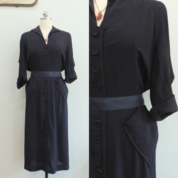 Vintage 1940s Navy Rayon Dress: Dolman Sleeve, Xs/small - Etsy