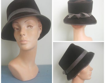 Vintage Brown Felted / Brimmed / Hat / Fedora / Leather Trim / Ladies Fedora / Velvet / Fall Hat