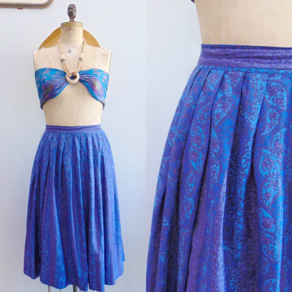 Vintage 1950's Paisley Skirt / Blue Purple Paisley