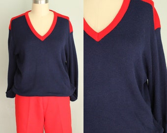 Vintage 1980's Acrylic Navy Red Trim V Neck Sweater. Long Sleeved. Size Large