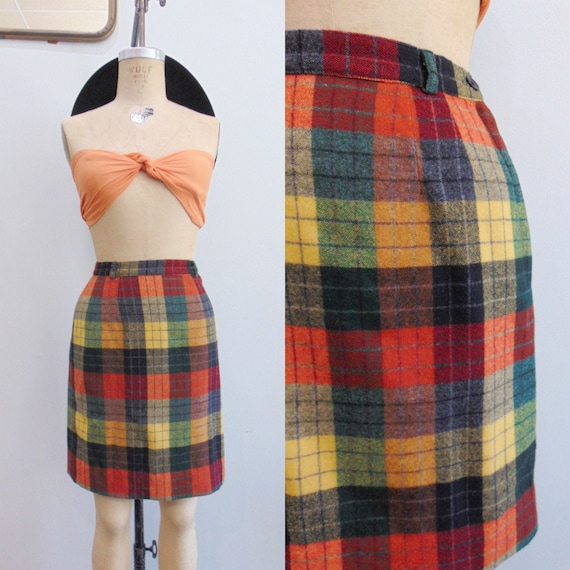 Vintage 1960's Primary Plaid Mini Skirt / Wool Min