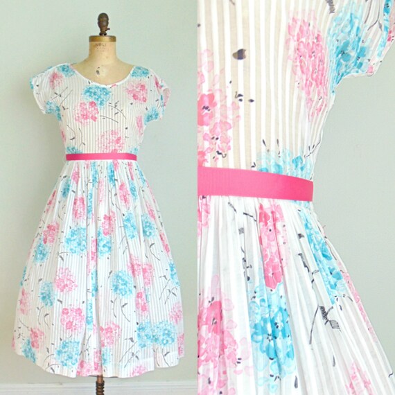 Vintage 1960's Floral Sheer Stripe Dress / Hydrang