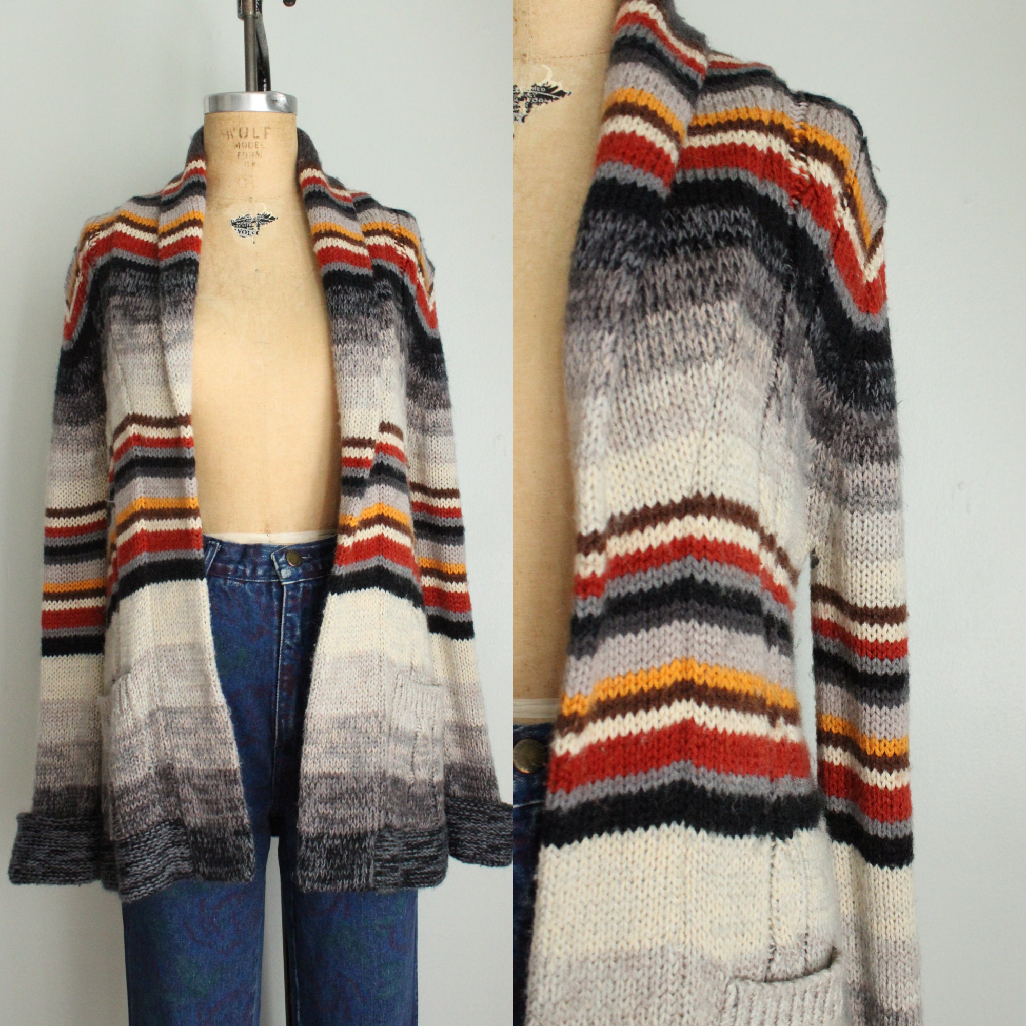 Vintage 1970's Vicki Volts Striped Acrylic Cardigan Sweater. Shawl Collar. Size Medium. As Is