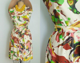 Vintage 1960's Dress / Abstract Paint Splatter Print / Large Collar / Wiggle Dress / Size Large