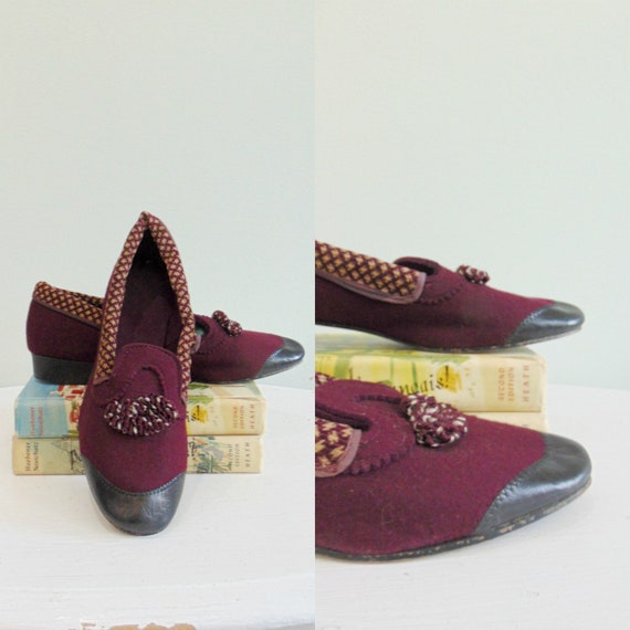 Vintage Cranberry Wool Slipper Shoes / Slip On Sho