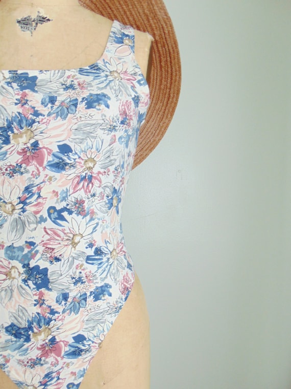 Retro 1990's Blue Floral Bodysuit. NWT. Square Ne… - image 5