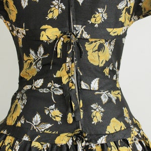 Vintage 1950's Yellow and Black Floral Print Dress. Fit n Flare. Bow Tie Back. Size Extra Small. XS image 8