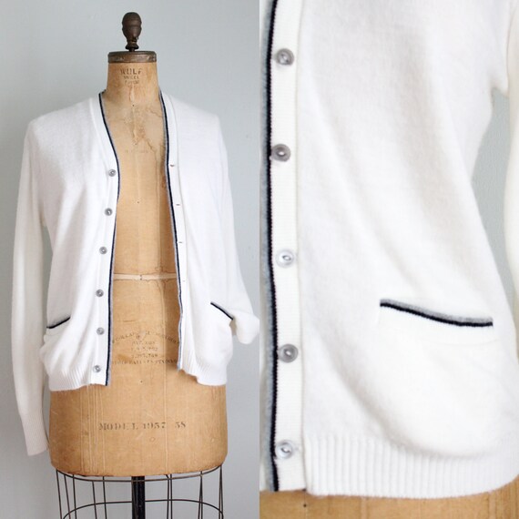 Vintage 1970's White and Black Trim Cardigan. Rev… - image 1