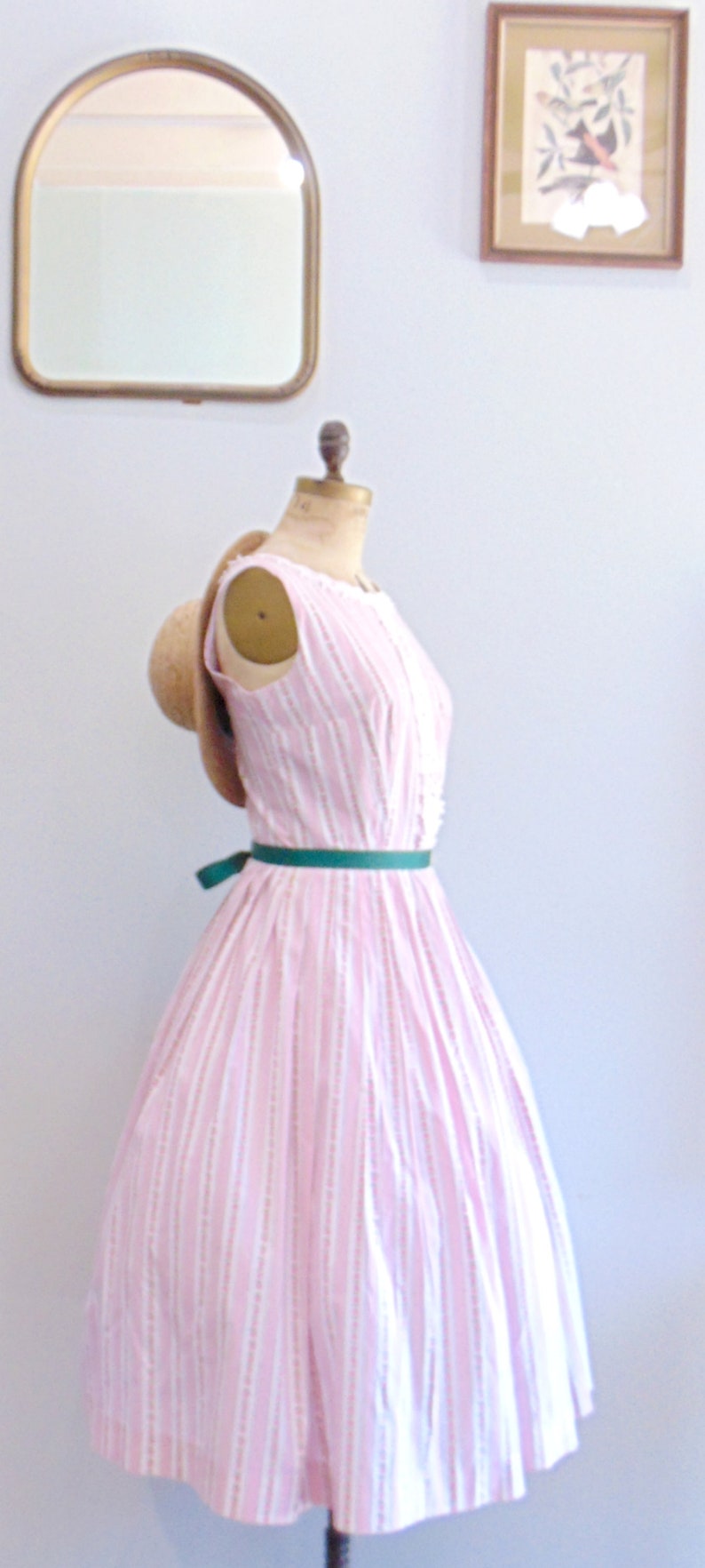 Vintage 1950/'s Floral Print Dress Rose Striped Print Fifties Full Skirt Size Medium