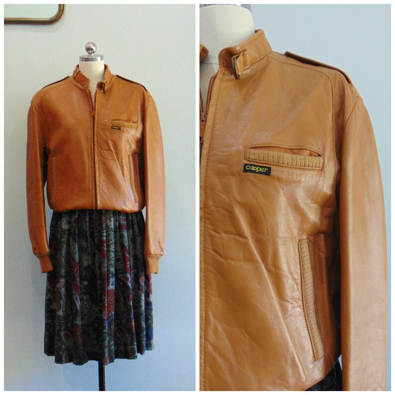 Vintage 1970/'s 1980/'s Leather Bomber Jacket Camel Leather Cooper Outerwear Leather Jacket Size Small Medium