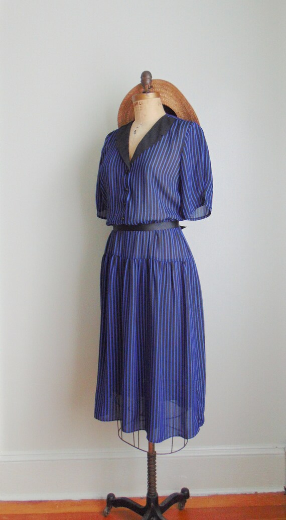 Vintage 1980's Blue Black Stripe Sheer Dress. Mij… - image 9