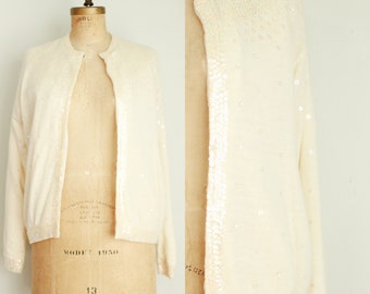 Vintage 1960's Cream Sequined Cardigan. Louisa. Holiday Party Sweater. Size Large