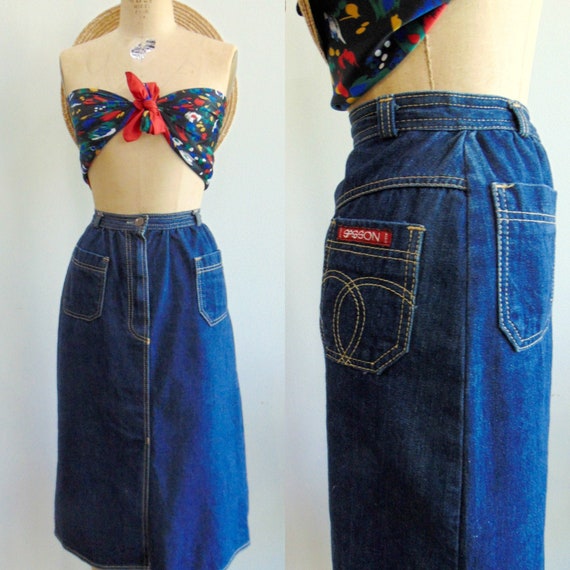 Vintage 1980's Denim Skirt / Dark Denim Sasson Kne