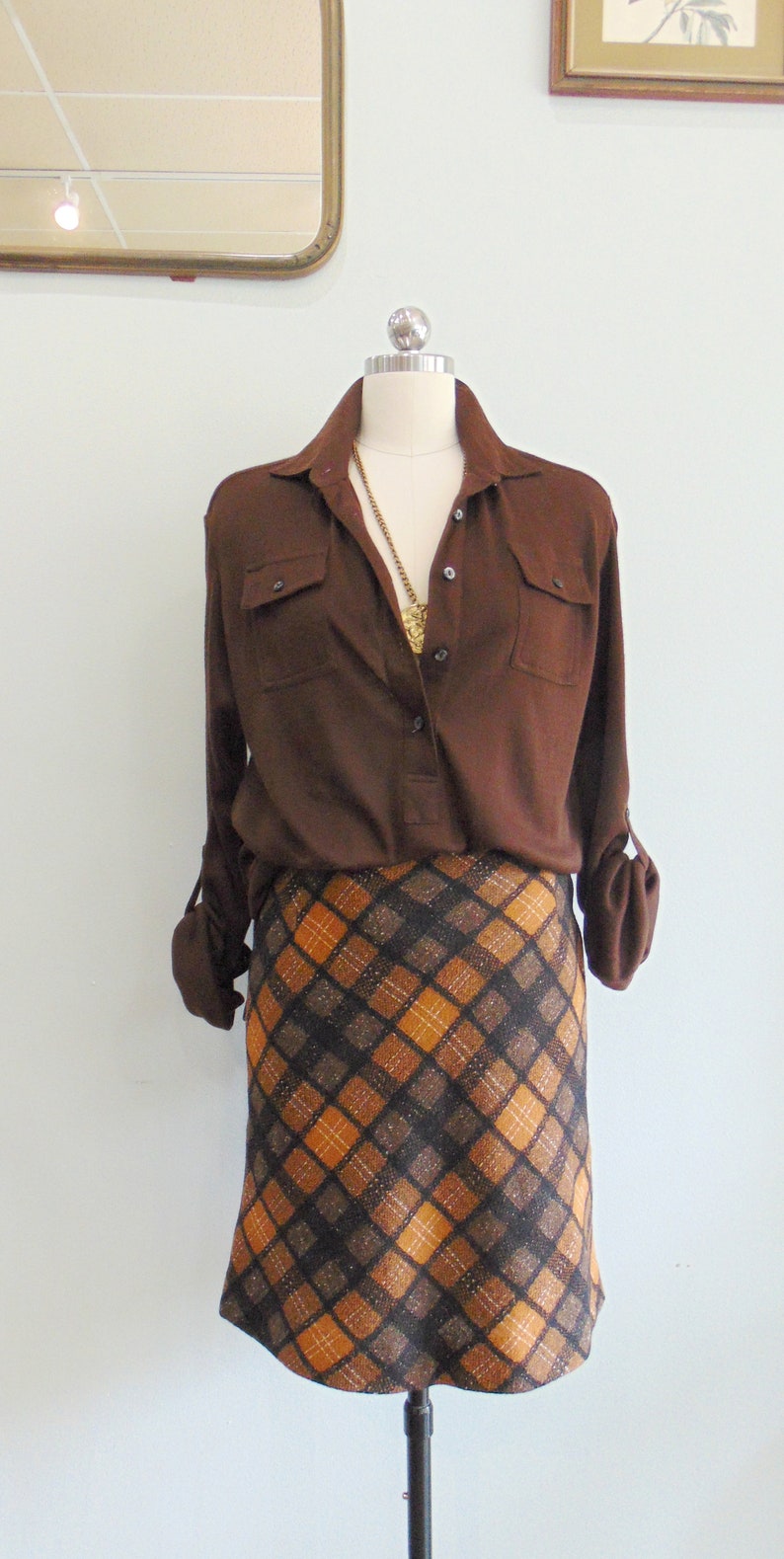 Vintage 1960/'s Orange Brown Plaid Skirt A Line Wool Schoolgirl Plaid Size Small