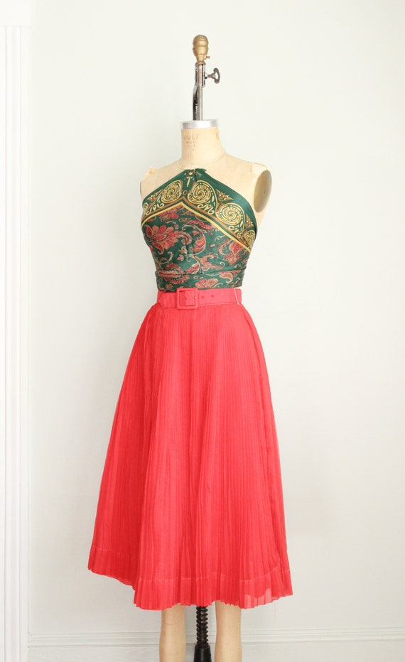 Vintage 1960's Bright Red Pleated Chiffon Belt Sk… - image 8