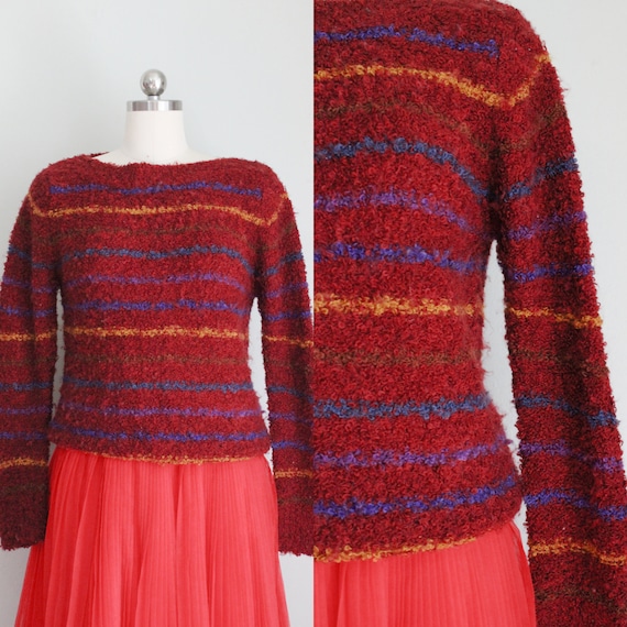 Retro 1980's Burgundy Nubby Striped Sweater. Pull Over. Boat Neck. via la. Size Medium