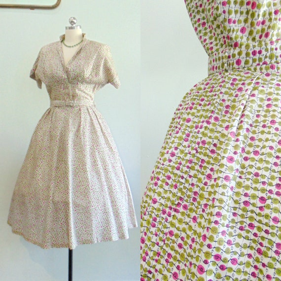 Vintage 1950's Polka Dot Dress / Purple and Green
