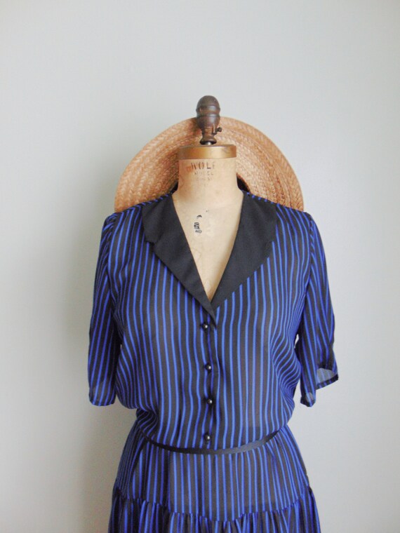 Vintage 1980's Blue Black Stripe Sheer Dress. Mij… - image 6