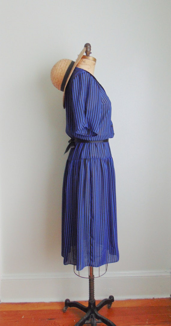 Vintage 1980's Blue Black Stripe Sheer Dress. Mij… - image 2