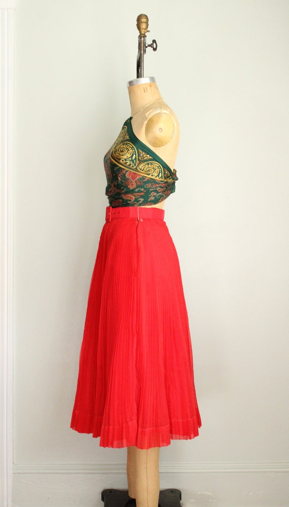 Vintage 1960's Bright Red Pleated Chiffon Belt Sk… - image 9