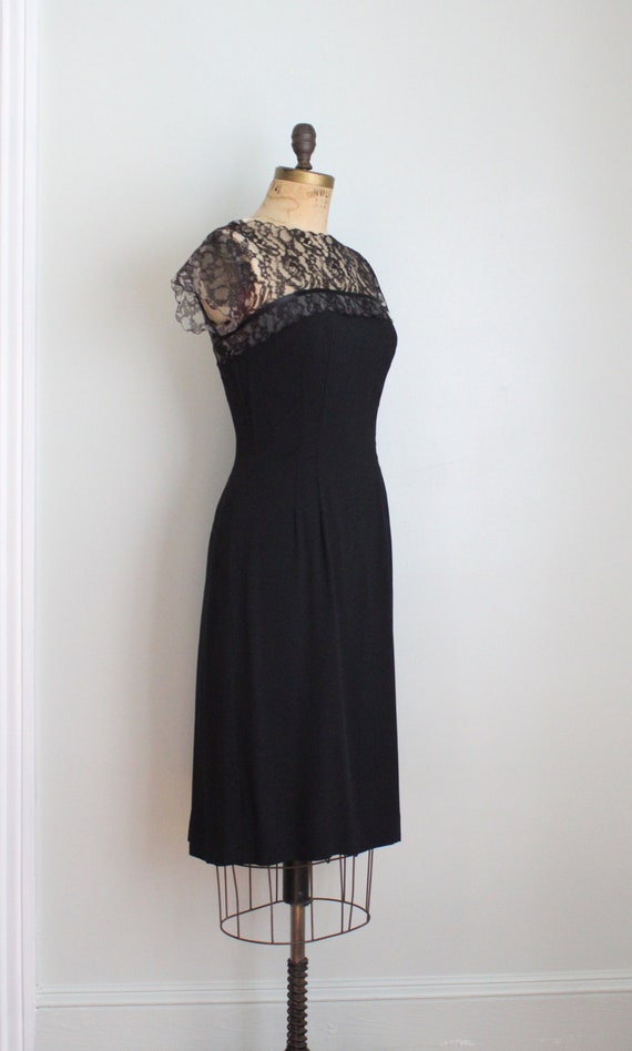 Vintage 1960's Black Crepe Lace Top Dress. Cockta… - image 3