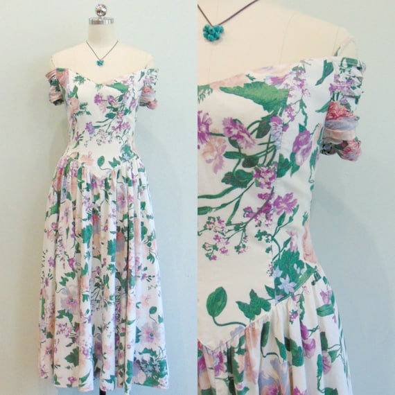 Vintage 1980's Floral Sundress / Off the Shoulder