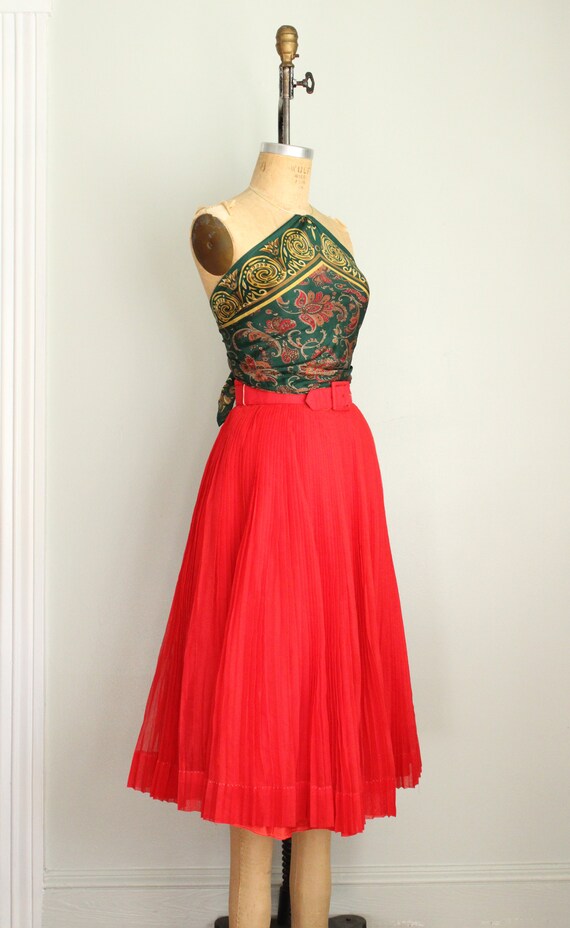 Vintage 1960's Bright Red Pleated Chiffon Belt Sk… - image 3