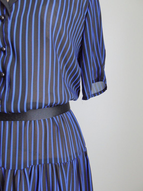 Vintage 1980's Blue Black Stripe Sheer Dress. Mij… - image 5
