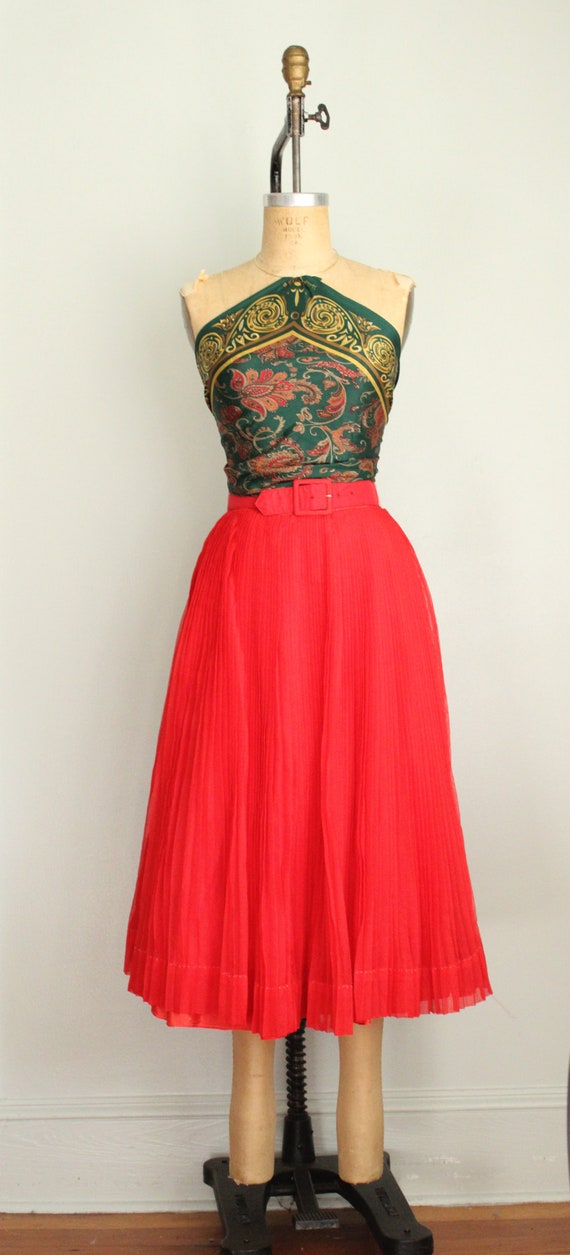 Vintage 1960's Bright Red Pleated Chiffon Belt Sk… - image 5