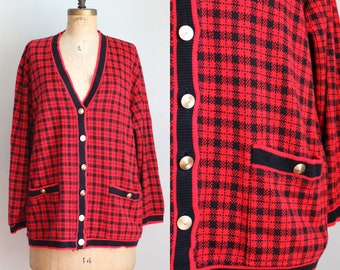 Retro 1990's Red Black Plaid Oversize Cardigan. Gold Buttons. Size Extra Large. As Is